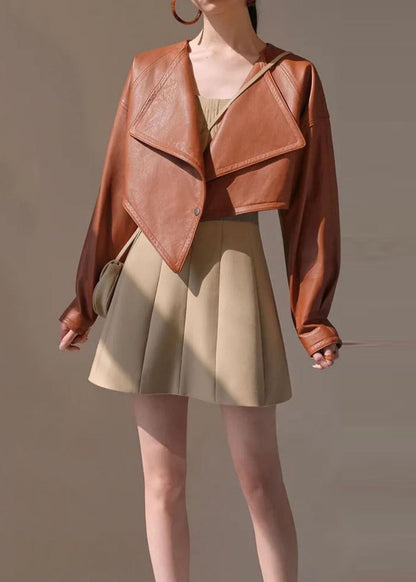 Style Brown Asymmetrical Patchwork Faux Leather Short Coat Fall Ry008
