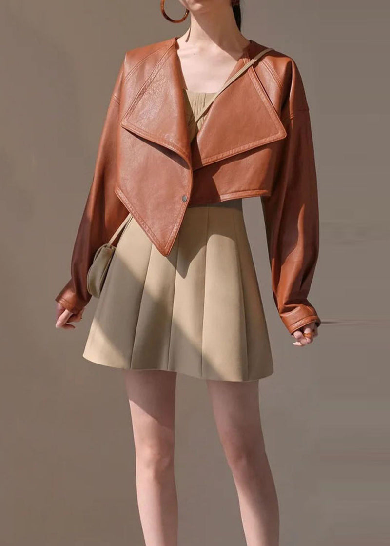 Style Brown Asymmetrical Patchwork Faux Leather Short Coat Fall Ry008