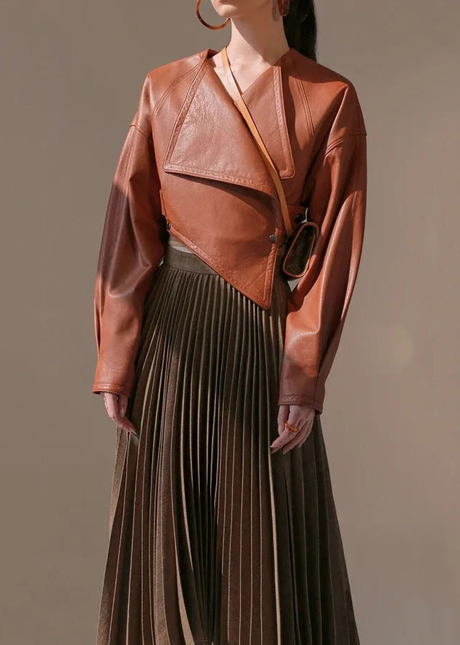 Style Brown Asymmetrical Patchwork Faux Leather Short Coat Fall Ry008