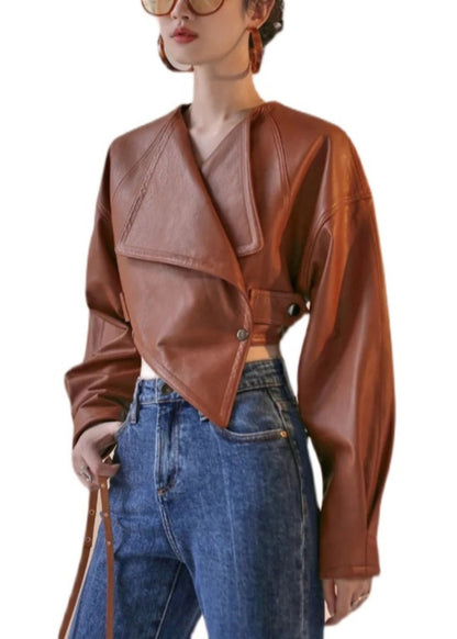 Style Brown Asymmetrical Patchwork Faux Leather Short Coat Fall Ry008