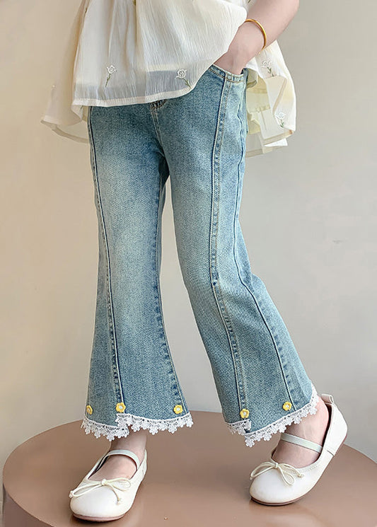 Style Denim Blue High Waist Patchwork Kids Crop Flared Pants Spring Tv013