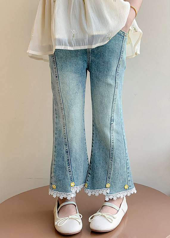 Style Denim Blue High Waist Patchwork Kids Crop Flared Pants Spring Tv013