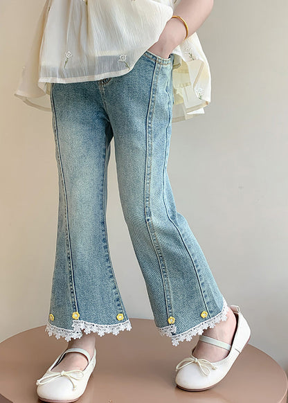Style Denim Blue High Waist Patchwork Kids Crop Flared Pants Spring Tv013