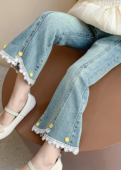 Style Denim Blue High Waist Patchwork Kids Crop Flared Pants Spring Tv013