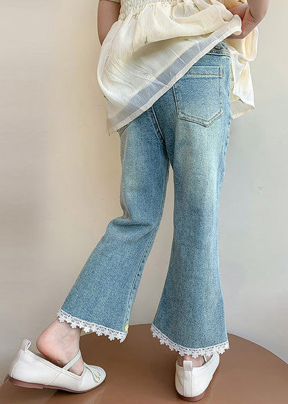 Style Denim Blue High Waist Patchwork Kids Crop Flared Pants Spring Tv013
