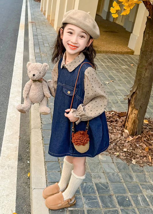 Style Denim Blue Print Patchwork Kids Long Dresses Lantern Sleeve Tv032