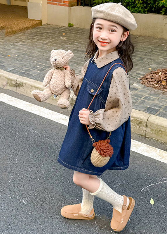 Style Denim Blue Print Patchwork Kids Long Dresses Lantern Sleeve Tv032