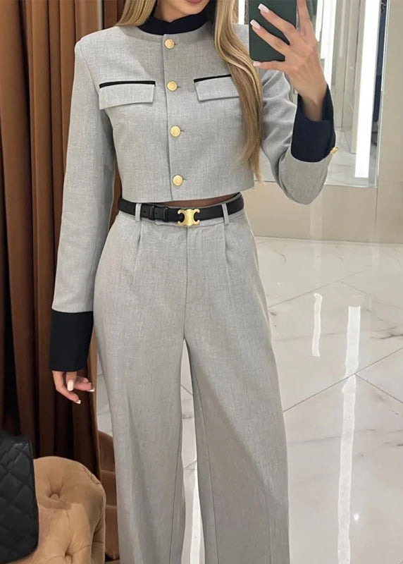 Style Grey Tops and Pants Cotton Two Pieces Set Fall Qy034