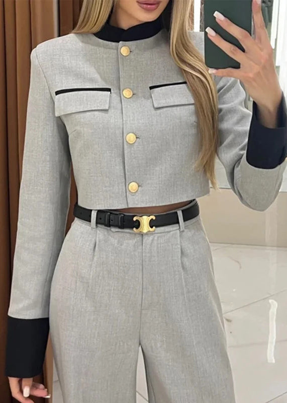 Style Grey Tops and Pants Cotton Two Pieces Set Fall Qy034
