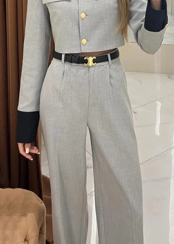 Style Grey Tops and Pants Cotton Two Pieces Set Fall Qy034