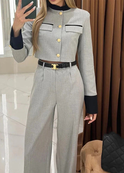 Style Grey Tops and Pants Cotton Two Pieces Set Fall Qy034