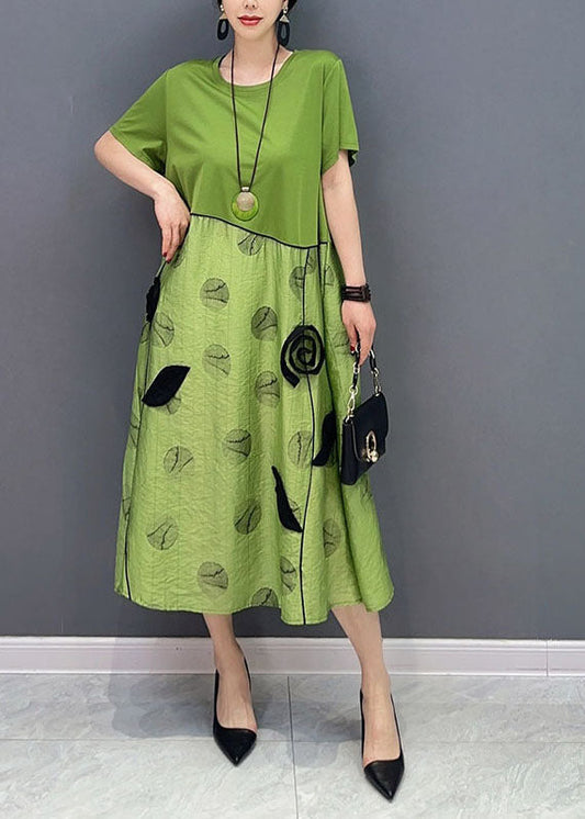 Style Green O-neck Patchwork Cotton Long Dress Summer Ly1574