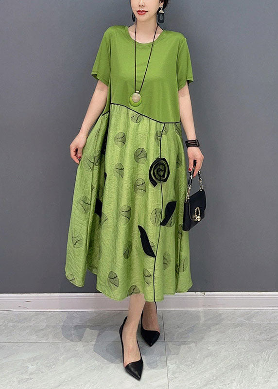 Style Green O-neck Patchwork Cotton Long Dress Summer Ly1574