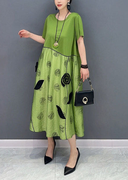 Style Green O-neck Patchwork Cotton Long Dress Summer Ly1574