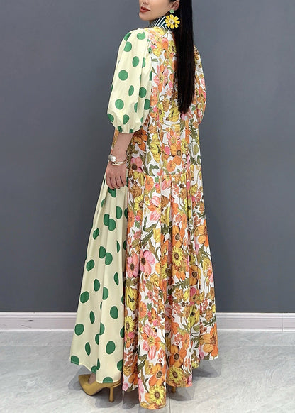 Style Green Peter Pan Collar Print Cotton Long Dress Summer Ao1049