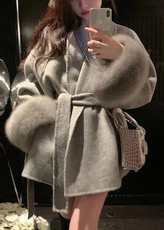 Style Grey Peter Pan Collar Faux Fur Patchwork Woolen Coat Winter Rs019