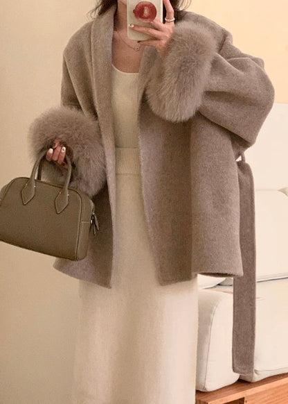 Style Grey Peter Pan Collar Faux Fur Patchwork Woolen Coat Winter Rs019
