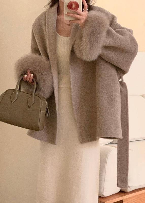 Style Grey Peter Pan Collar Faux Fur Patchwork Woolen Coat Winter Rs019