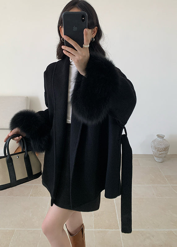 Style Grey Peter Pan Collar Faux Fur Patchwork Woolen Coat Winter Rs019
