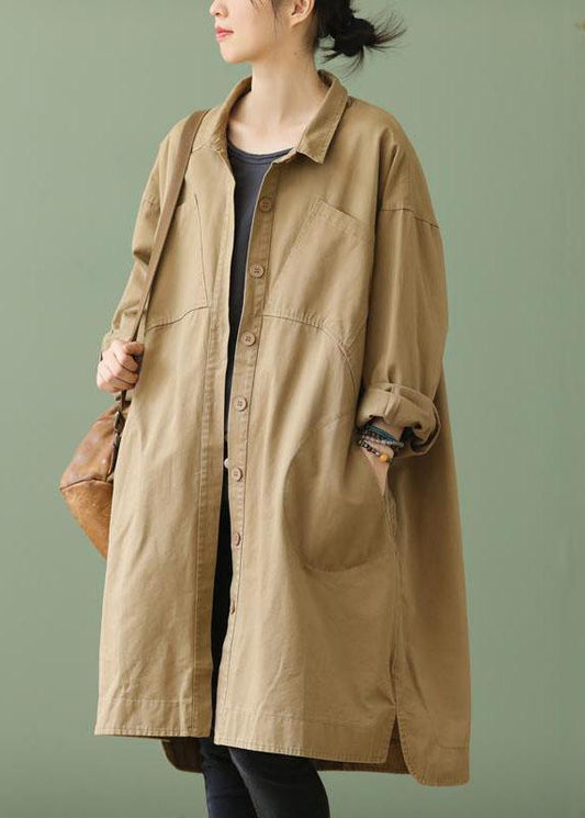 Style Khaki Peterpan Collar Pockets Button Low High Design Fall Long Sleeve Trench Coat Qs052