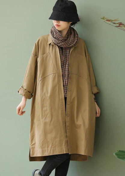 Style Khaki Peterpan Collar Pockets Button Low High Design Fall Long Sleeve Trench Coat Qs052