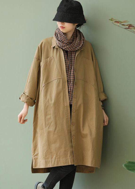 Style Khaki Peterpan Collar Pockets Button Low High Design Fall Long Sleeve Trench Coat Qs052