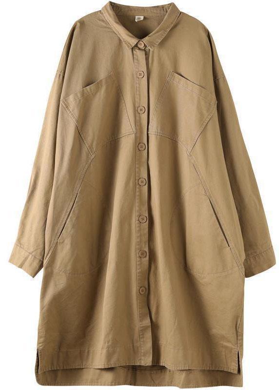 Style Khaki Peterpan Collar Pockets Button Low High Design Fall Long Sleeve Trench Coat Qs052