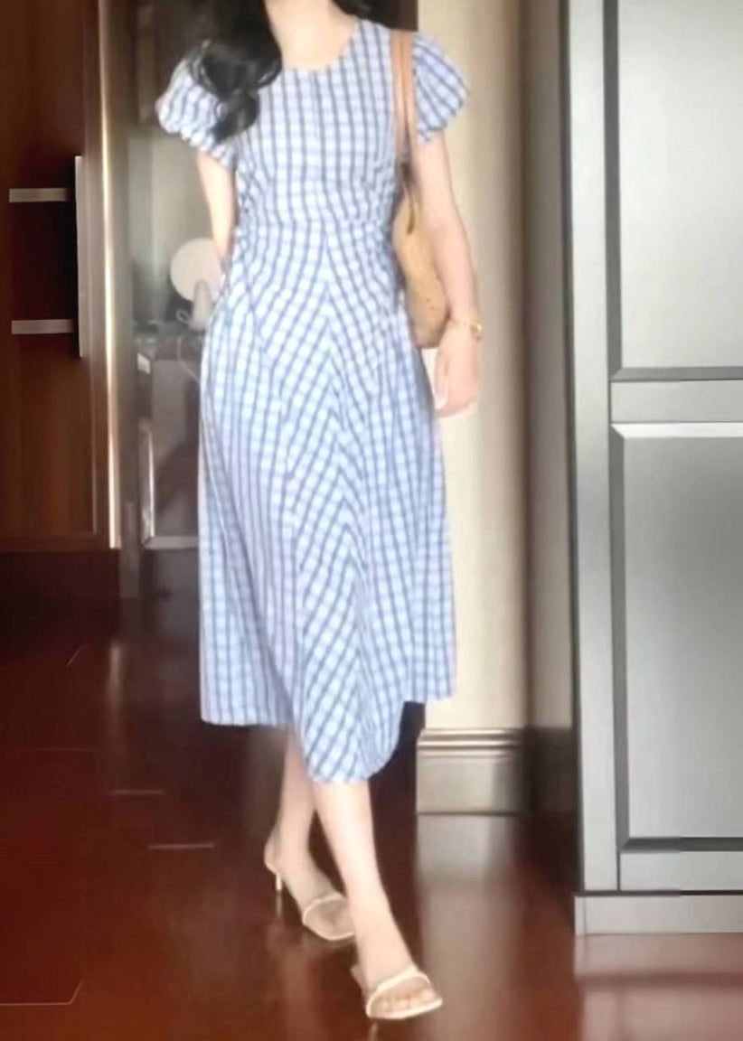 Style Light Blue O-neck Plaid Tie Waist Long Dress Short Sleeve Uu1023