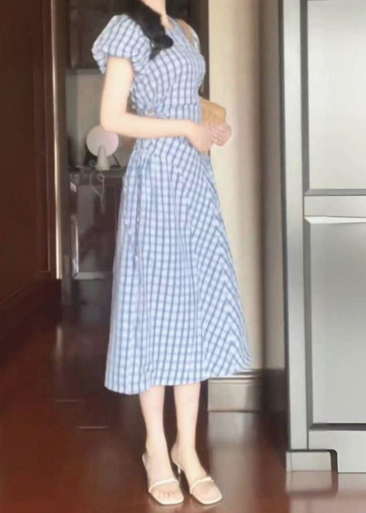 Style Light Blue O-neck Plaid Tie Waist Long Dress Short Sleeve Az1023