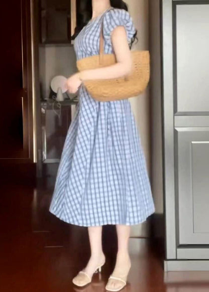 Style Light Blue O-neck Plaid Tie Waist Long Dress Short Sleeve Uu1023