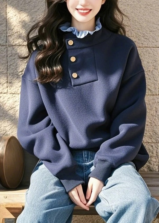 Style Navy Ruffled Patchwork Cotton Sweatshirt Spring Tn024
