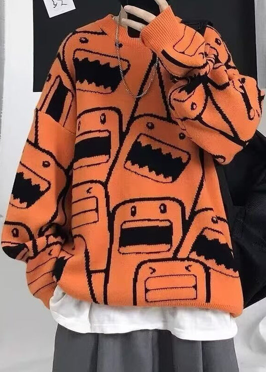 Style Orange O Neck Thick Print Knit Sweater Tops Winter Eq020