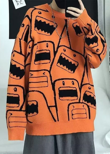 Style Orange O Neck Thick Print Knit Sweater Tops Winter Eq020