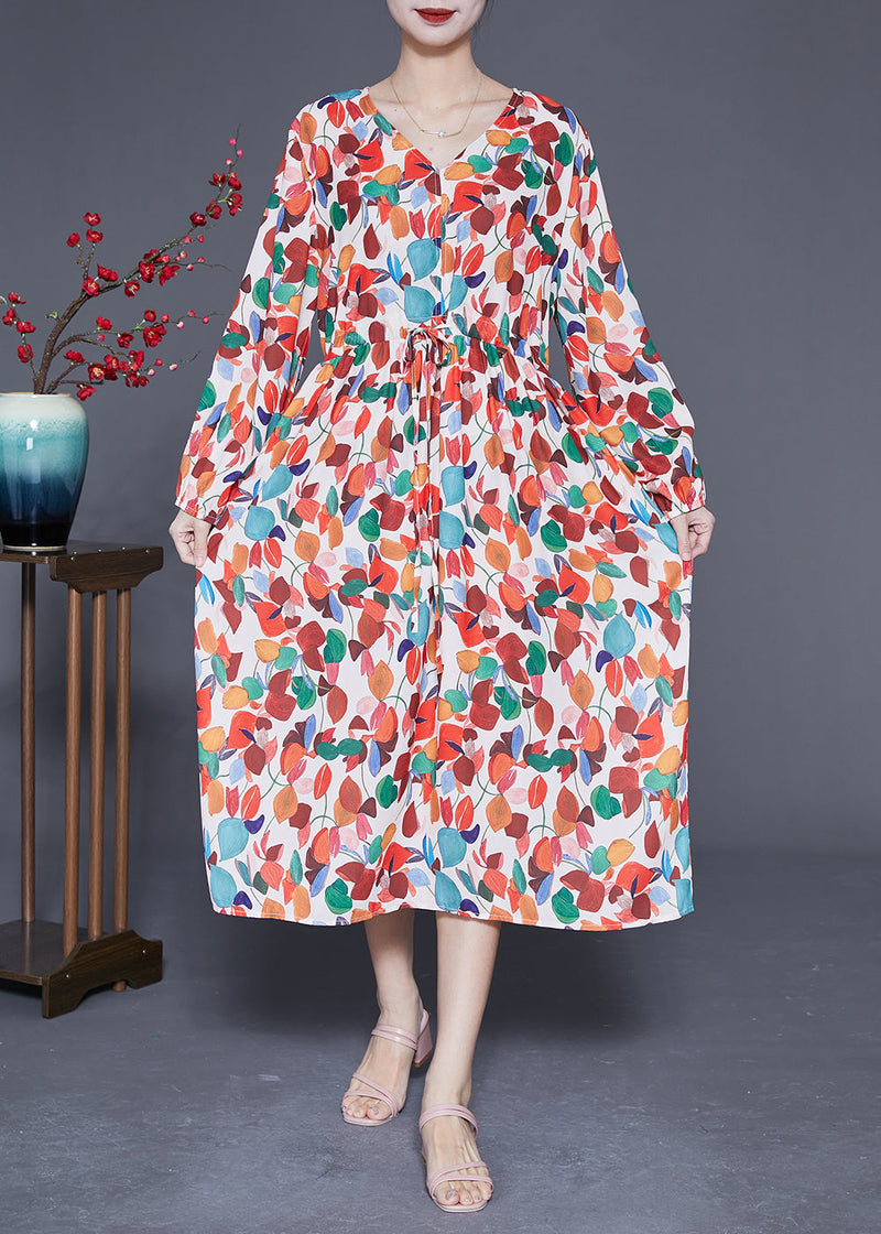 Style Orange V Neck Tie Waist Print Chiffon Maxi Dresses Spring Ly1850