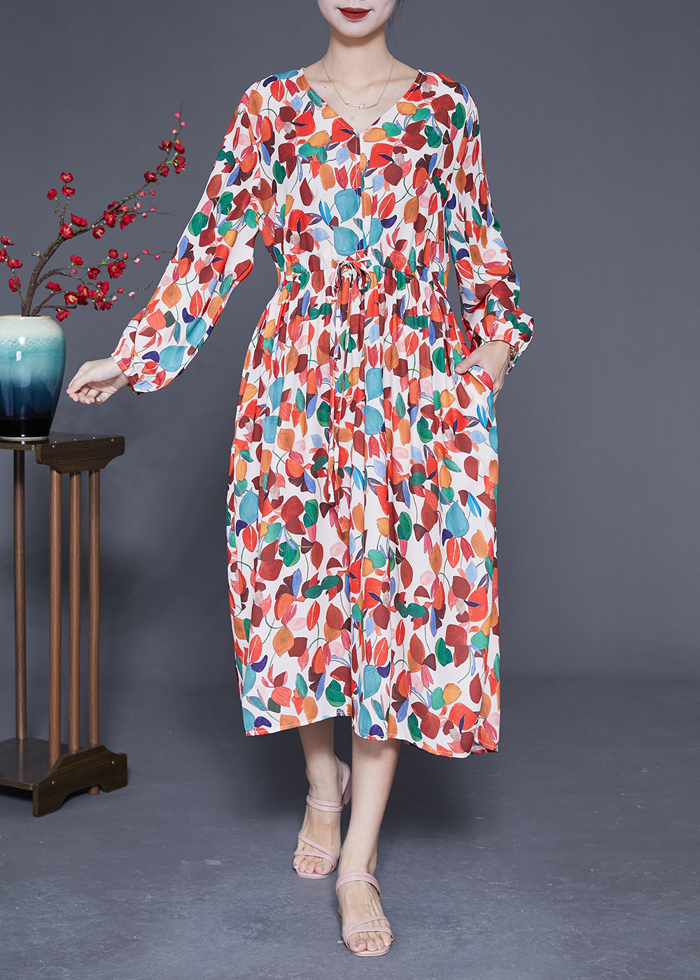 Style Orange V Neck Tie Waist Print Chiffon Maxi Dresses Spring Ly1850