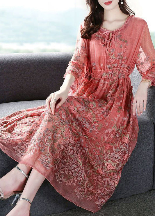 Style Pink O-neck Cinched Embroideried Silk Maxi Dress Bracelet Sleeve Ac3041
