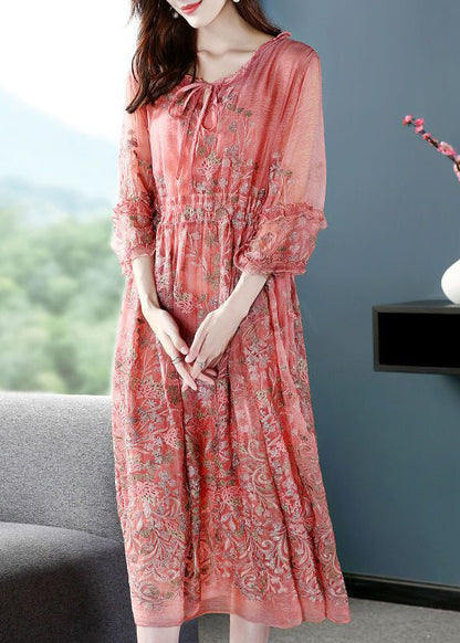 Style Pink O-neck Cinched Embroideried Silk Maxi Dress Bracelet Sleeve Ac3041