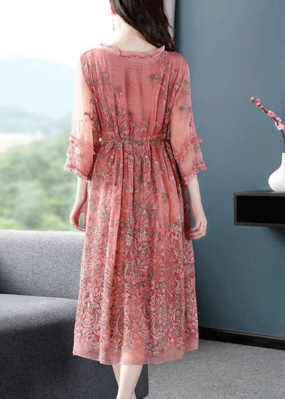 Style Pink O-neck Cinched Embroideried Silk Maxi Dress Bracelet Sleeve Ac3041