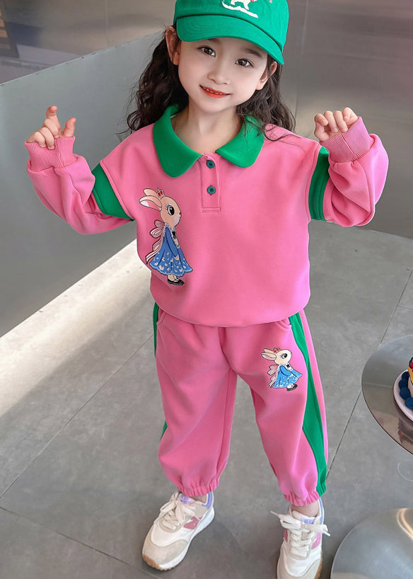 Style Pink Peter Pan Collar Patchwork Animal Kids Top and Pants Two Pieces Set Spring Tr019