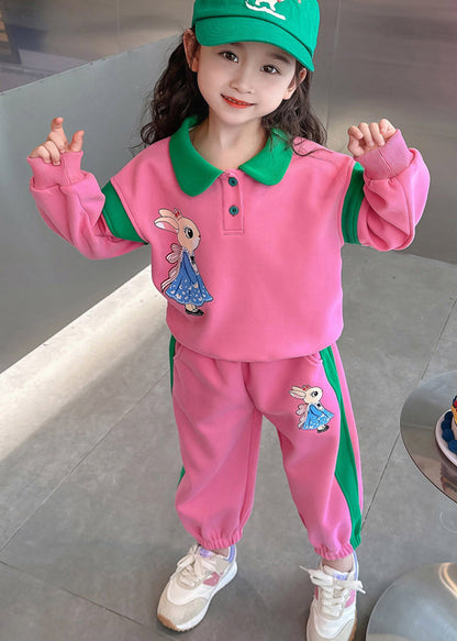 Style Pink Peter Pan Collar Patchwork Animal Kids Top and Pants Two Pieces Set Spring Tr019