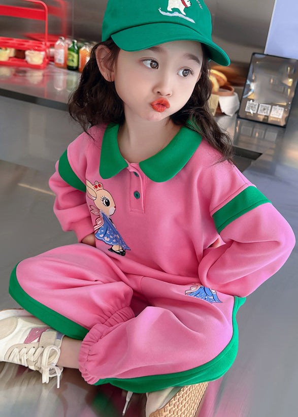 Style Pink Peter Pan Collar Patchwork Animal Kids Top and Pants Two Pieces Set Spring Tr019