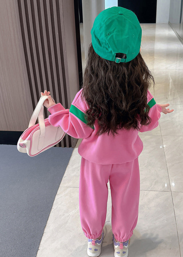 Style Pink Peter Pan Collar Patchwork Animal Kids Top and Pants Two Pieces Set Spring Tr019