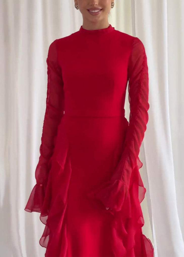 Style Pink Ruffled Patchwork Chiffon Long Dress Fall Ql039