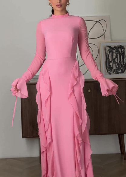 Style Pink Ruffled Patchwork Chiffon Long Dress Fall Ql039