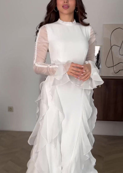 Style Pink Ruffled Patchwork Chiffon Long Dress Fall Ql039