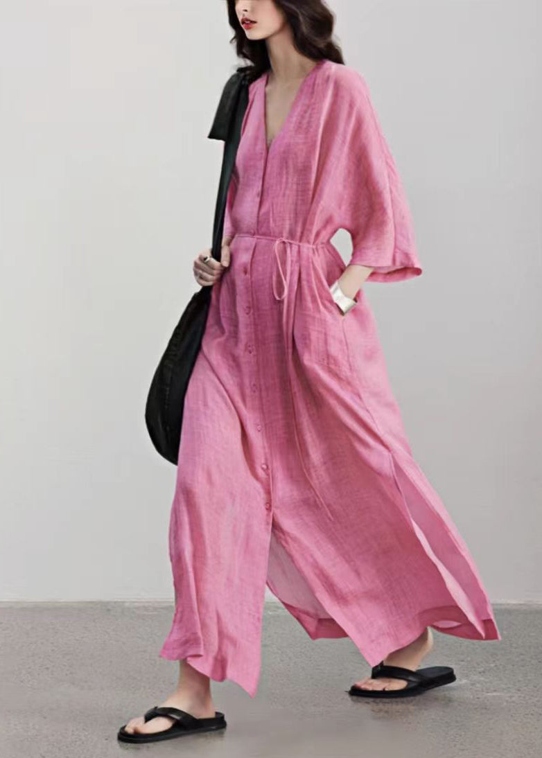 Style Pink V Neck Button Lace Up Linen Long Dress Summer Ap079