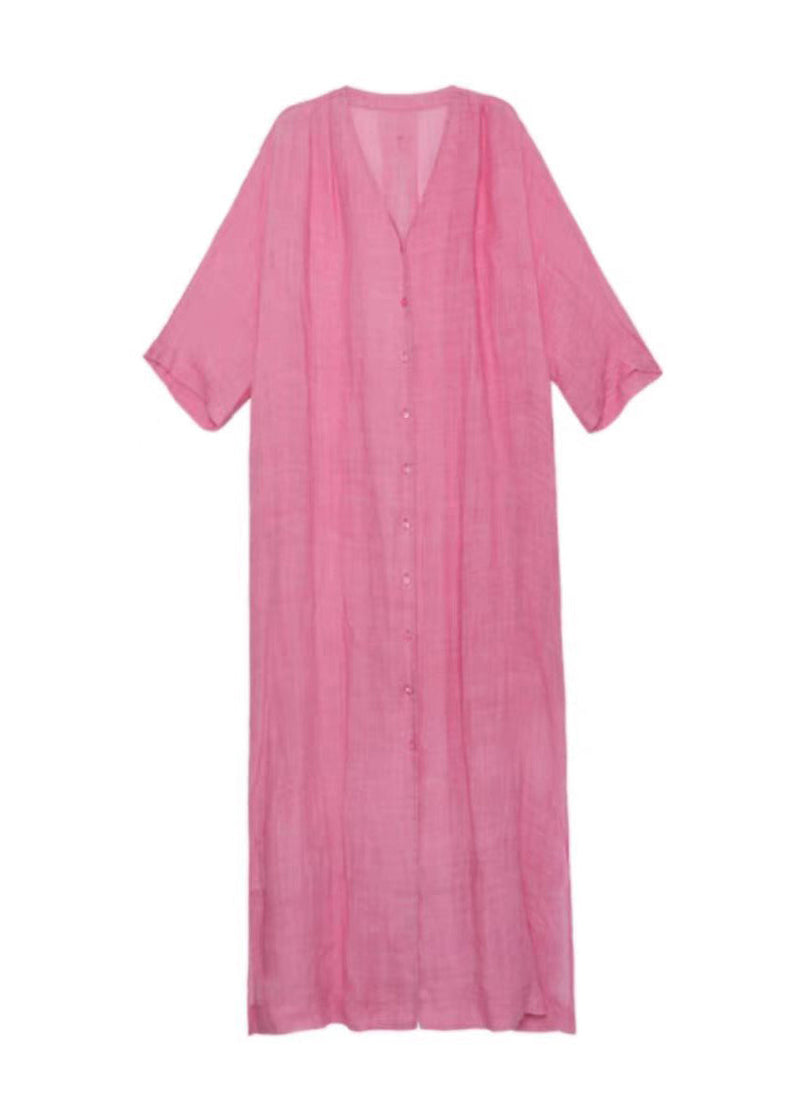 Style Pink V Neck Button Lace Up Linen Long Dress Summer Ap079