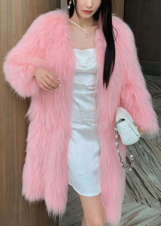 Style Pink V Neck Mink Hair Leather and Fur Long Coats Winter Rd014