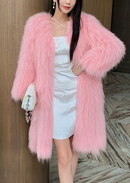 Style Pink V Neck Mink Hair Leather and Fur Long Coats Winter Rd014