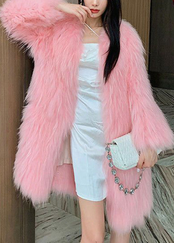 Style Pink V Neck Mink Hair Leather and Fur Long Coats Winter Rd014